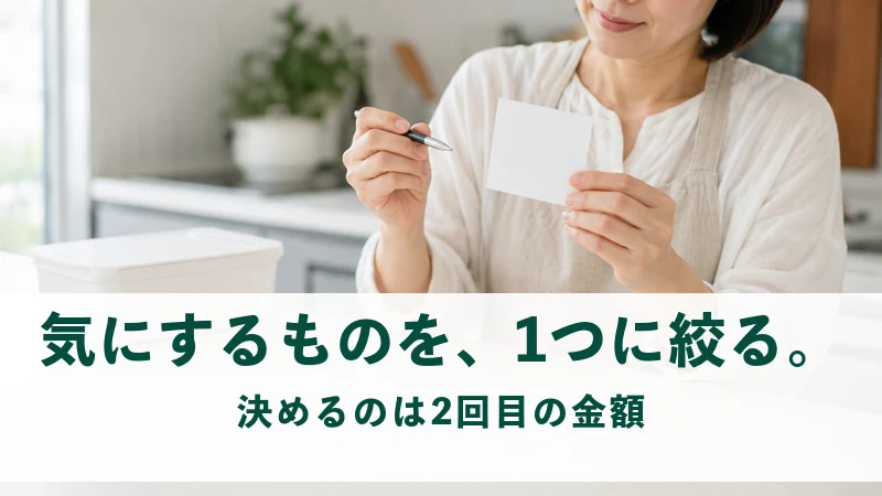 キッチンで白いふせんとペンを持つ女性