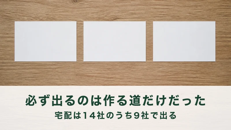 木の机に横一列で置かれた3枚の白いカード