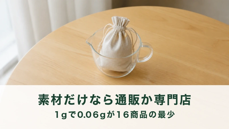 ガラスの片口に生成りの巾着袋が入っている
