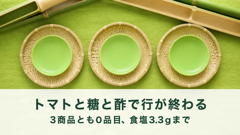 黄緑の布に竹ざると緑の皿を三組並べた真上