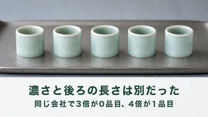 淡い緑の筒形の器が5つ、金属の盆に並んでいる