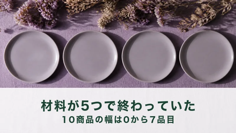 リネンの面を真上から写し、藤色の炻器の平皿が四枚、一列に等間隔で並ぶ