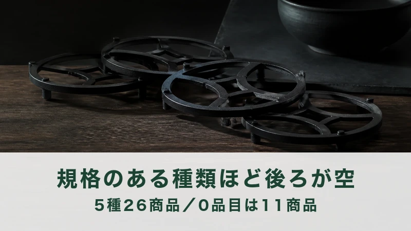 鉄の五徳が3つ、暗い木の面に重ねて置かれる