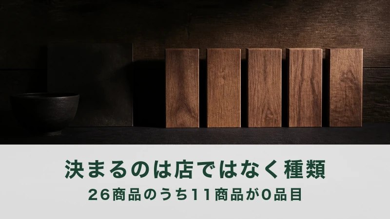 暗い木の壁の前に、細長い木の板が5枚並び立つ