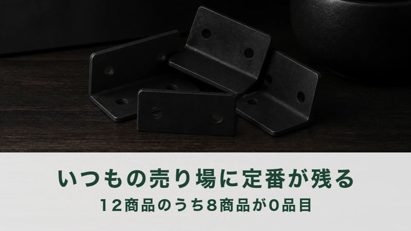 黒い金具が5つ、暗い木の面に重なって置かれる