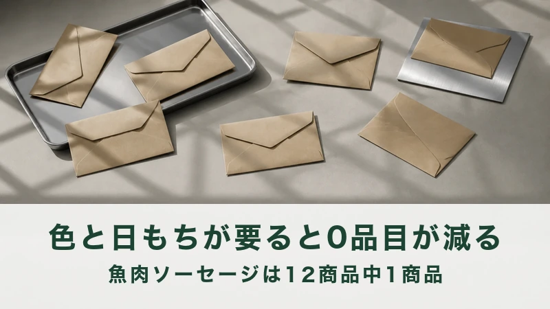 格子の影が落ちる台にクラフト紙の封筒が7通散らばる