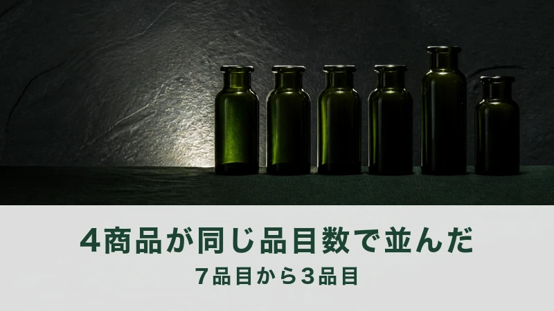 暗い石壁の前に緑の小瓶を6本横に並べた