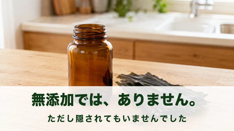 調理台に置かれただしの小瓶と乾いた昆布の情景