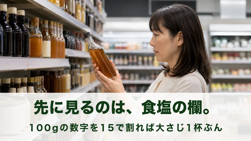 売り場でだしの瓶の栄養成分の表示を確かめる情景