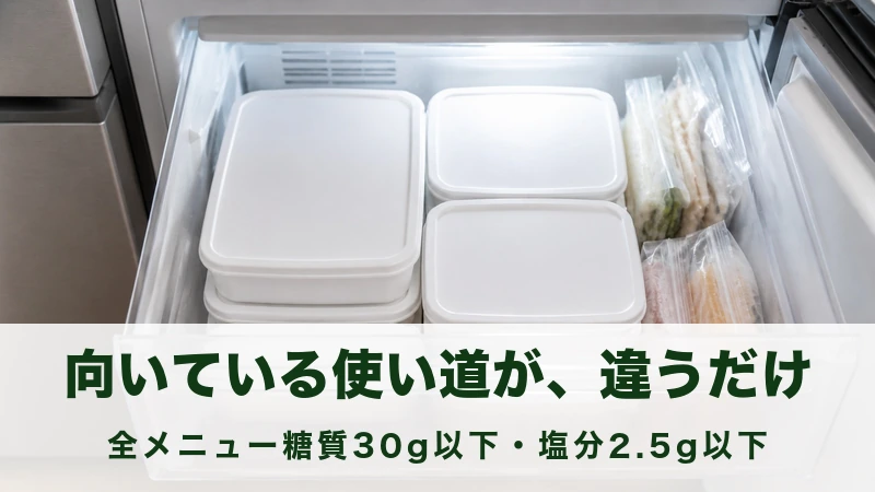 冷凍庫の引き出しに無地の平たい容器が重ねて並ぶ情景
