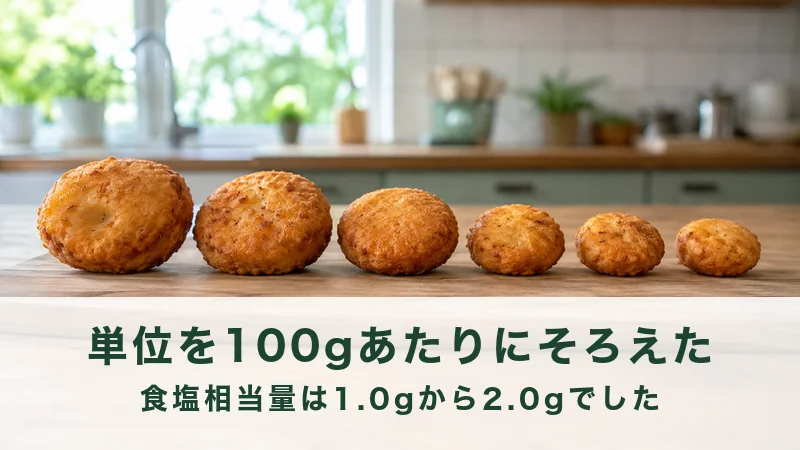 木のまな板に大きさの違う揚げ物を一列に並べた近景