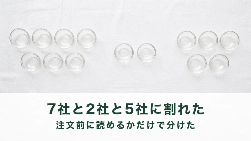 白い布の上に七つと二つと五つに分けて置かれたガラスの器