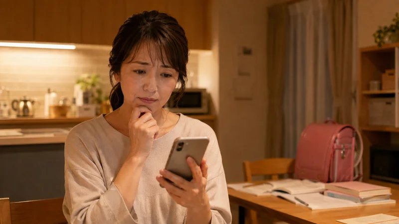 夕方のキッチンでスマホを見ながら夕食の献立に悩む30代の女性
