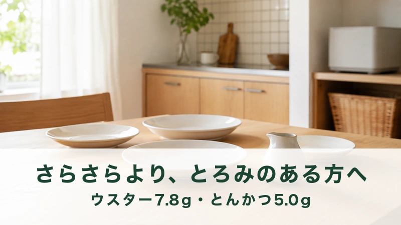 朝の食卓に並んだ白い皿と小さな注ぎ口つきの容器