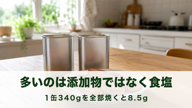 木のテーブルに銀色の缶詰と、皿にのった薄切りの焼いた肉