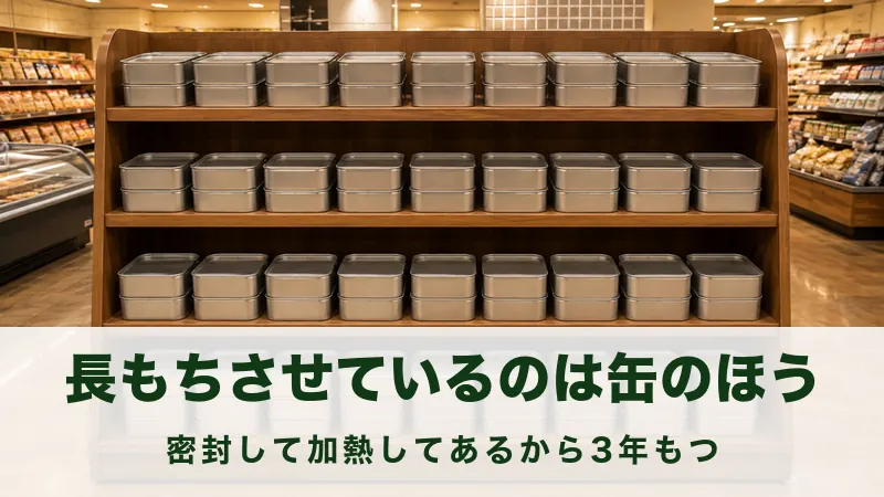 売り場に銀色の缶詰がきれいに横一列に並んでいる場面