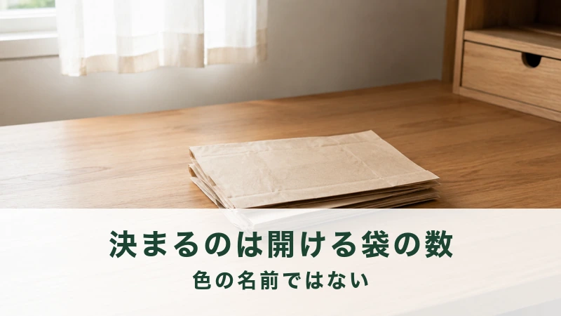 片づいた木の机の上にたたんだ空の紙袋が数枚重ねてある
