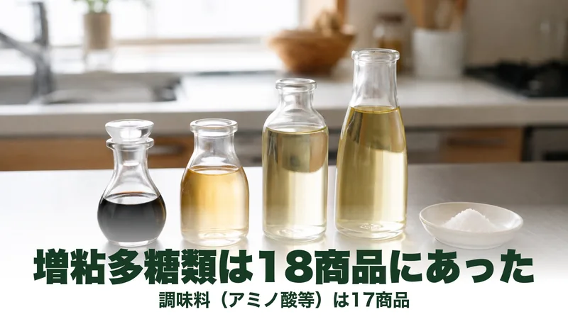 調理台に並ぶ醤油やみりんなどの調味料の瓶と塩