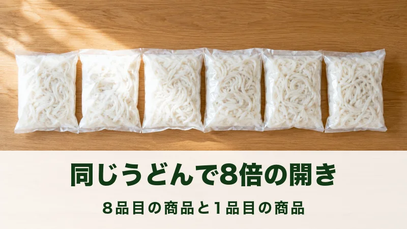 木のテーブルに無地の白い袋を6つ横一列に並べた場面