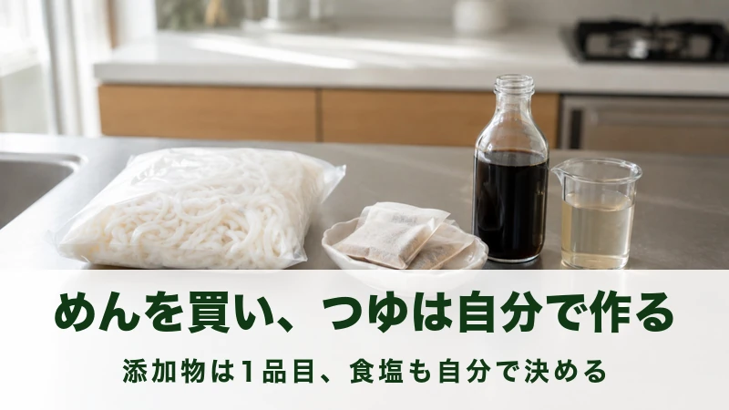 調理台に並んだ無地の袋とだしパックとしょうゆの瓶