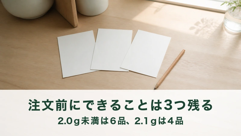 朝のキッチンの台に無地のメモ用紙が三枚と鉛筆が一本