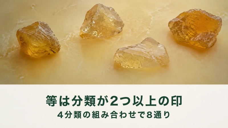 淡い黄色の面に、あめ色の結晶のかたまりが4つ離して並べてある