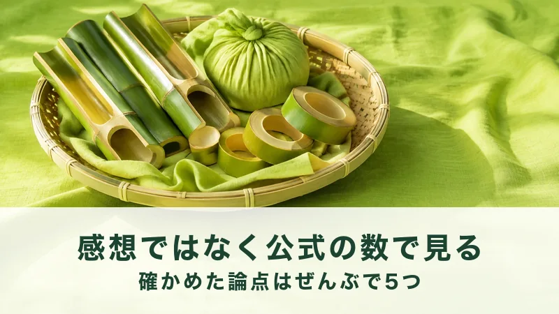 緑の布を敷いた竹ざるに、青竹の筒と布の包み、竹の輪切りが盛ってある