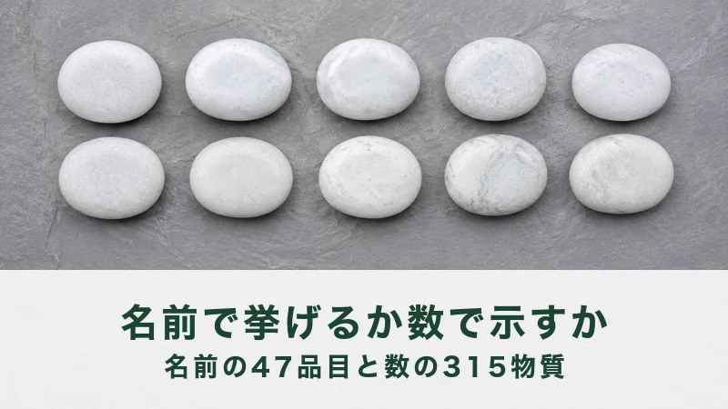灰色の石板の上に、白く丸い石が5個ずつ2列に並べられている