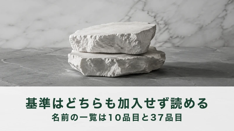 灰色の台の上に、白い石灰岩の平たい塊が2つ積み重ねられている