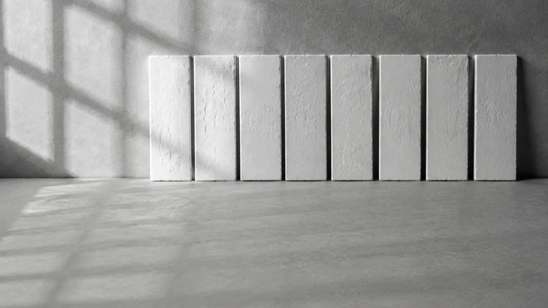 灰色の壁ぎわに白い板を八枚立てかけ、窓の影が差している