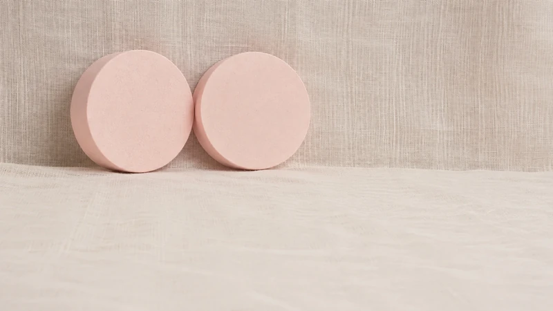 生成りの布を背に淡いピンクの円盤が二つ立つ