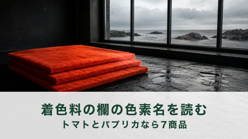 濡れた黒い床に朱色の厚布を3枚重ね、奥の窓から曇り空の海が見える