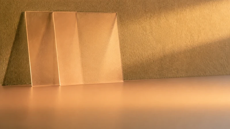 黄土色の壁ぎわに、淡い橙の板が三枚立てかけてある