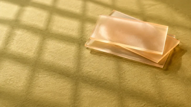 格子の影が差す面に、淡い橙の板が三枚積んである