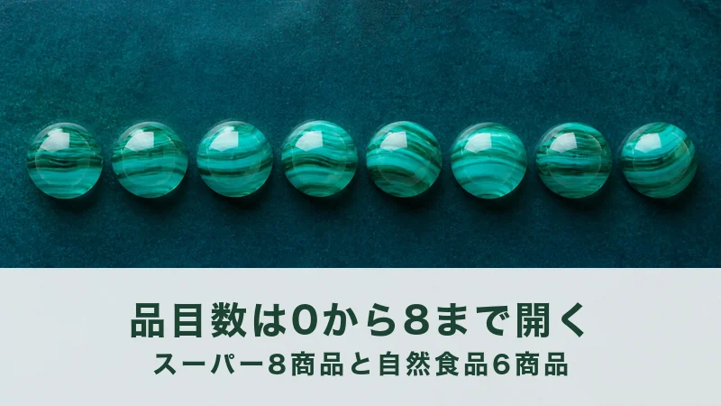 深い青緑の面に青緑のガラス玉が八個、一列に等間隔で並んでいる