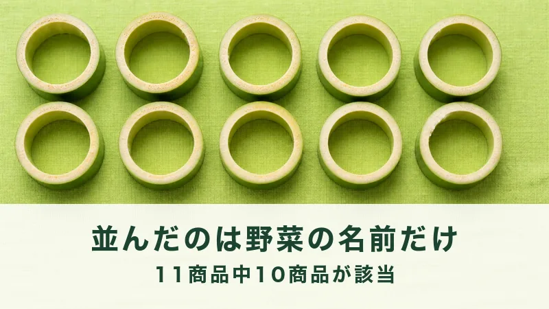 若草色の布に青竹の輪切りが十個並ぶ。表示が野菜の名前だけで終わる例