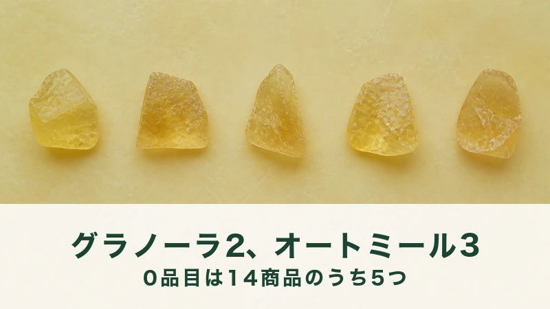蜜蝋の板の上に飴色の樹脂片が五個、一列に並んでいる。14商品の表示を並べる場面