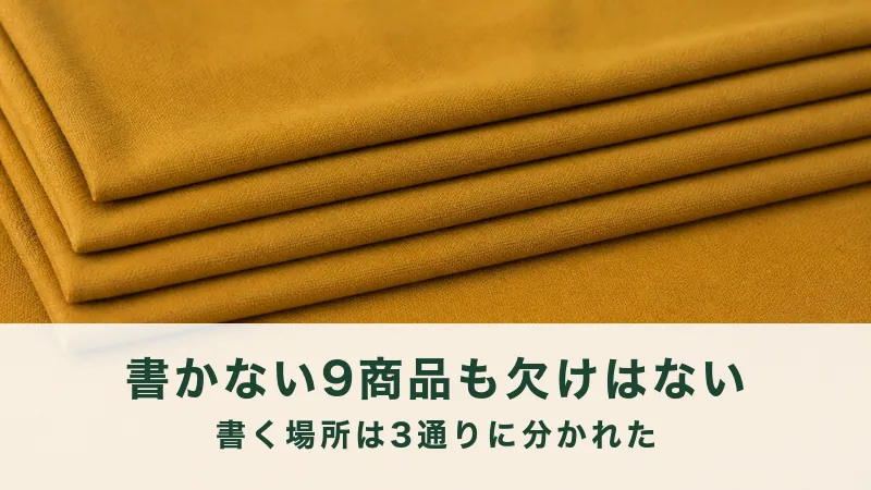 からし色の厚手の綿布を五枚ずらして重ねた。書く場所が三通りある説明