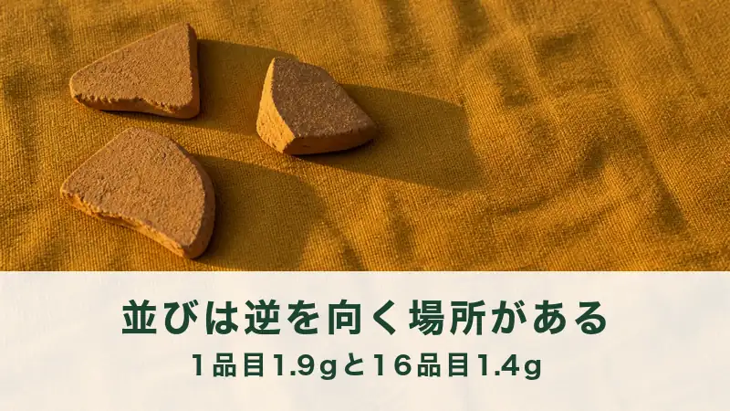からし色の布に素焼きの欠片が三個散らばる。並びが逆を向く場所の対比