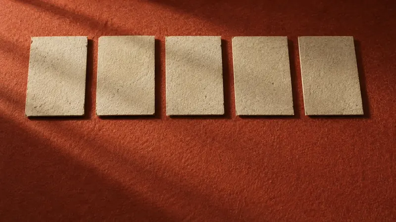 赤茶の面に生成りの四角い板が五枚、間を空けて一列にならぶ