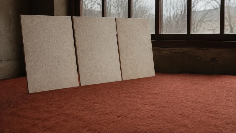 窓のある部屋で赤茶の床に生成りの大きな板が三枚立つ