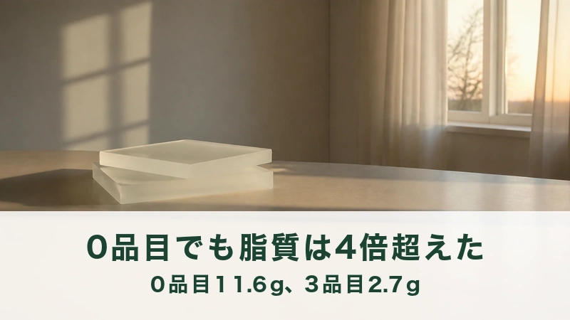 夕方の部屋で乳白のガラスの厚板が二枚ずれて積まれる。脂質の差の対比