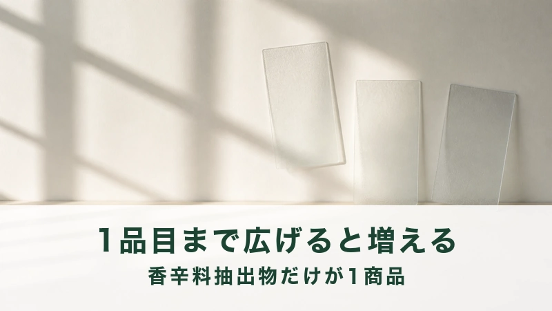格子の影が落ちる面にすりガラスの薄板が三枚。香辛料抽出物だけの例