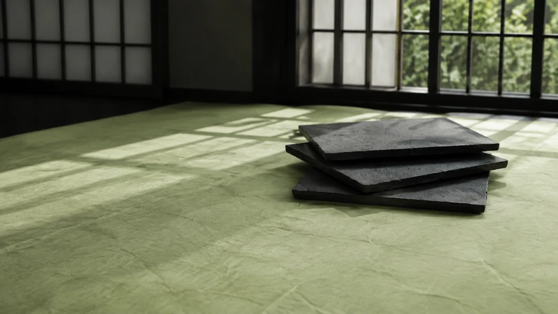 窓のある部屋の緑の床に黒い薄い板が数枚重ねてある