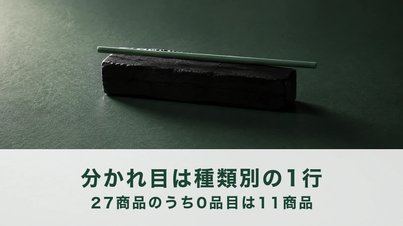 深緑の面に置いた黒い炭のかたまりと細い緑の棒の画像