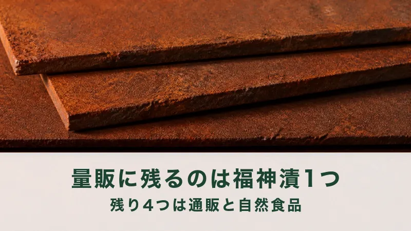 錆びた鉄の平たい板を三枚ずらして重ねた。量販店に残る福神漬の説明