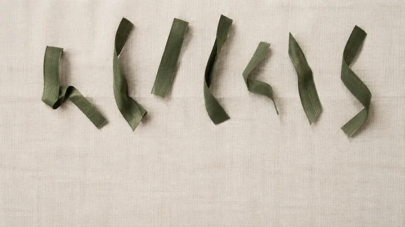 生成りの布に短く切った緑の帯をならべて置いた