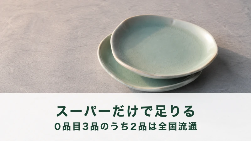 灰色の面に、うすい青緑のだ円の皿が2枚ずらして積んである
