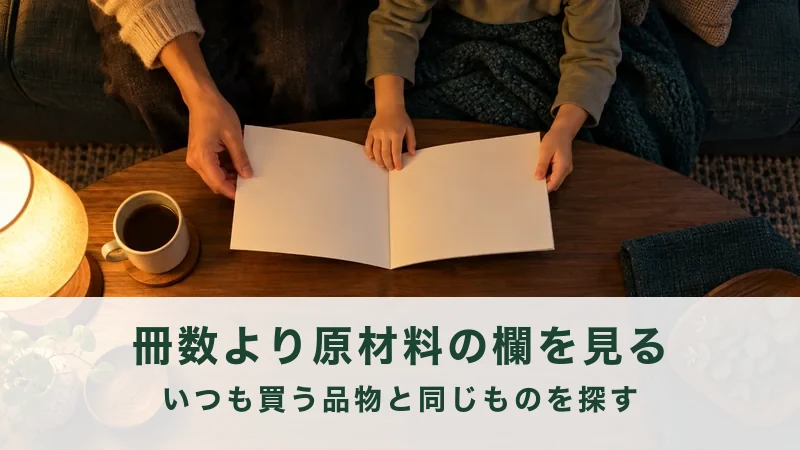 夜のリビングでカタログを開いている家族の手元