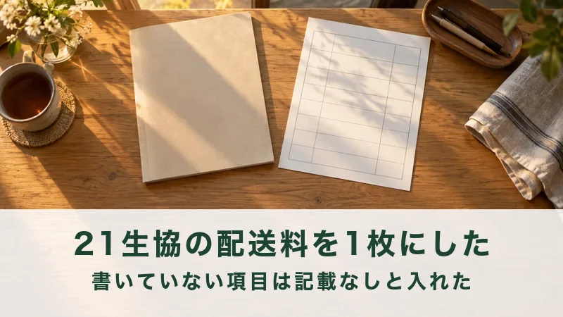 木のテーブルに広げた宅配のカタログと注文用紙